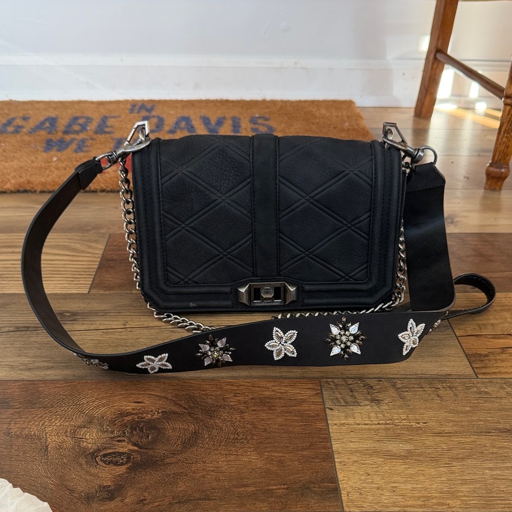 Suede Quilted Black Crossbody Bag with Embellished Floral Strap